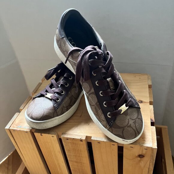 Coach Size 9.5 Khaki Mahogany C126 Low Top Signature Coated Canvas Sneaker Shoes - Picture 15 of 16
